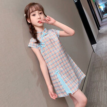 女童旗袍汉服女开衩连衣裙夏装2021新款棉质中国风女孩格子裙子夏季儿童唐装九能 蓝粉色 110 码