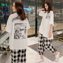 珺瑞禾  孕妇套装夏装2021新款时尚潮妈韩版中长款短袖T恤+九分格子裤两件套孕妇装 图片色套装 M(建议体重90-110斤)