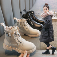 女童靴子2020秋季新款女童马丁靴时尚儿童靴子英伦风男童加绒棉鞋女童鞋 卡其加绒 35码内长22.1cm