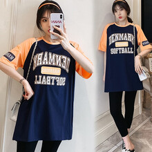 珺瑞禾  孕妇装夏套装2021外出时尚新款宽松拼接体恤短袖网红潮妈孕妇T恤 藏青色上衣 M(建议体重90-110斤)