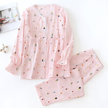 十月结晶同款 夏季月子服夏纱布薄款孕妇睡衣春夏纯棉产后4月份5-7哺乳产妇夏天 ZF-(V领)粉底小水果纱布 M码(90-115斤)