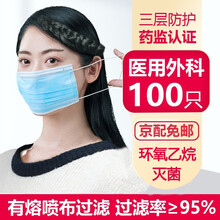 一次性口罩一次性防护口罩成人款挂耳式三层含熔喷布无纺布防尘透气 升级灭菌口罩100只