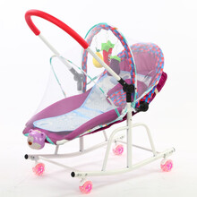 婴儿摇椅摇摇椅安抚椅哄娃神器新生儿婴儿用品婴幼儿童宝宝摇篮椅 紫网面+推把+万向轮+凉席蚊帐+振 动音乐送