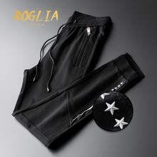 伯格利亚BOGLIA轻奢品牌运动裤男夏季2021新款修身休闲裤男小脚直筒韩版潮流九分裤男装裤 黑色 M