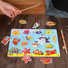 姒桀 钓鱼池 宝宝钓鱼玩具开发智力1-2-3岁宝宝早教磁性木制穿绳拼板积木 二合一海洋钓鱼(14条鱼+2支鱼竿)