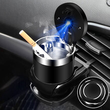 车载烟灰缸悬挂式创意个性有盖多功能车内带盖汽车烟缸男车用夜光 不带图案-一键开盖金属内胆 可挂出风口可放水杯槽