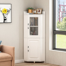 转角柜墙角柜拐角三角柜酒柜现代简约置物架客厅餐厅玻璃橱柜靠墙领道（LINGDAO） 上下门暖白50*50*150 组装