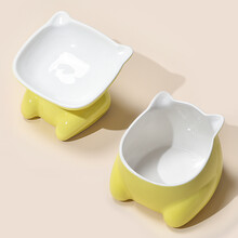 伴笛 猫碗陶瓷双碗猫粮碗高脚斜口碗护颈防打翻水碗猫食盆猫食碗猫咪用品 黄色-乖乖碗(浅碗)+萌萌碗(深碗)