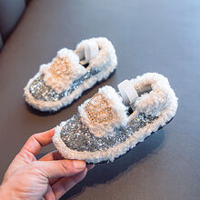 春夏新品女童毛毛鞋2020冬季新款亮片公主鞋韩版中大童加绒豆豆鞋保暖棉鞋 米色 26码内长15.8cm