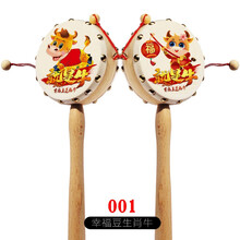 生肖婴儿拨浪鼓 原木手柄货郎鼓 牛皮摇鼓手摇鼓木质玩具初生儿童木质拨浪鼓 木制牛皮波浪鼓玩具 生肖 牛 001 号