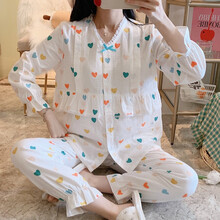 十月结晶同款 月子服纯棉纱布夏薄款5月份产后孕妇哺乳睡衣4产妇喂奶家居服女 白色-V领爱心双层纱布月子服 (哺乳口+松紧腰可调节)