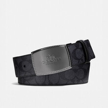 蔻驰 COACH 奢侈品 男士专柜款涂层帆布配皮仿古板扣式双面腰带碳灰色黑色 64084 CQ BK 42