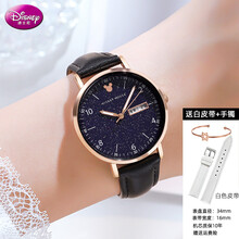 迪士尼手表女款中学生日历韩版简约2021年新款初中生高中夜光防水 黑色送白色表带