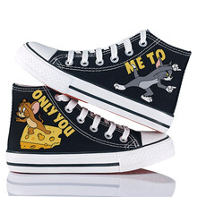 儿童帆布鞋卡通动漫联名女童布鞋高帮男童板鞋涂鸦大童运 涂鸦高帮黑猫和老鼠奶酪 39