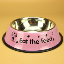狗狗吃饭用的狗盆 狗狗用品狗盆狗碗宠物单碗大号大型犬不锈钢猫碗狗食盆猫盆猫粮盆q5 不锈钢碗   粉色印花 S(适合10斤以下狗狗)