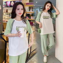 铱秀尔~孕妇套装夏季时尚薄款孕妇装T恤短袖百搭镂空托腹裤休闲潮妈两件套夏装 绿色套装 M码 90-110斤