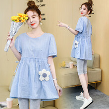 孕妇装夏装套装时尚2021夏季款外出两件套洋气短袖孕妇上衣潮妈女 蓝色--单件上衣 M