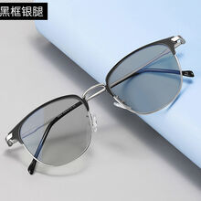 RNRN 防紫外线变色近视眼镜男墨镜太阳镜防蓝光平光镜感光变色户外护目 黑银框【变灰色】 防辐射【平光镜】镜盒+布