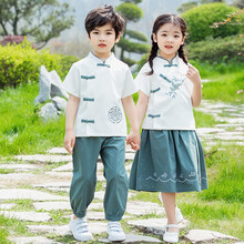 儿童汉服男童夏季国学服古风表演服装中国风古装女童唐装夏季六一儿童节演出服复古茶服短袖套装 女童 150cm