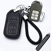 适用于本田十代思域十代雅阁钥匙套CRV XRV皓影冠缤智凌派杰德思铂睿汽车真皮钥匙包壳扣男女 E款智能三键【黑编绳+金属扣+号牌】