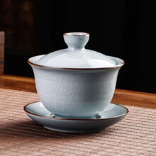 领艺 汝窑茶杯盖碗大号单个哥窑开片功夫茶具中式陶瓷泡茶碗 坤器官窑盖碗