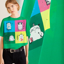 煊缎 桑蚕丝真丝双绉 春夏绿草色动漫卡通小猪定位亲子装上衣衬衣面料服装diy 【定位长度*宽度=170厘米*137厘米】