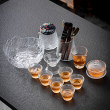 陶尚吟 日式锤纹耐热玻璃透明功夫茶具套装家用简约整套泡茶壶品茗杯茶杯 十二头宽底杯玻璃套装 茶洗茶叶罐茶道