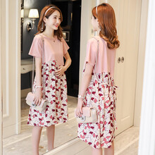 孕妇装连衣裙夏季新款宽松夏装中长款大码时尚拼接圆领短袖孕妇裙子外穿薄款夏天孕妈装 魅力粉 M