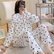 十月结晶同款 夏季月子服薄款纯棉纱布孕妇哺乳衣5月678月份产前产后喂奶衣睡衣 黑圆点白色 M