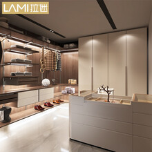 拉迷全屋定制衣帽间卧室整体大衣柜组合梳妆中岛台定制真皮柜门金属转角玻璃门板别墅步入式衣橱设计 订金