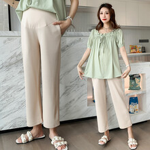 欣柏纶 孕妇装套装夏季夏款孕妇套装孕妇两件套外出外穿宽松大码孕妈装 杏色阔腿裤 M