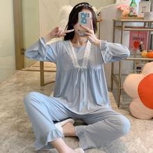 月子服5月份春秋产后春夏季薄款莫代尔哺乳6孕妇睡衣4女夏天7b C0024蓝色方领 L码【建议体重105-125斤】