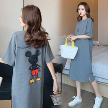珺瑞禾   孕妇夏装连衣裙短袖T恤米奇印花纯棉夏天裙子时尚潮妈新款孕妈装 灰色 L(建议体重110-125斤)