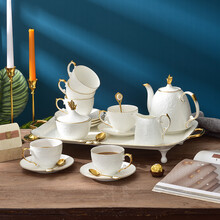 INGRI（英格丽）咖啡具套装轻奢欧式家用高档结婚礼物骨瓷中式下午花茶咖啡杯碟 【浮雕白】16件套-三壶各1杯6碟6托盘1-礼盒装