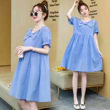 孕妇装夏装2021新款薄款孕妇夏装连衣裙可哺乳纯棉夏季潮妈外出套装时尚款孕妇装 浅蓝色裙子 L【建议115-130斤】