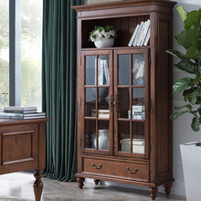 美式实木书柜  白蜡木书柜置物柜玻璃书架书房落地柜带门