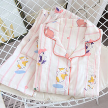 十月结晶同款纯棉纱布月子服夏季薄款产后哺乳装长袖长裤孕妇睡衣开衫大码碎花 纱布月子-竖条小牛-粉 XL