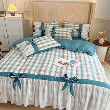 锦荔枝 蝴蝶结四件套春秋床单款北欧风女孩床品套件蝴蝶结爱心桃心 蓝色格子 四件套-1.35m款-适用200×230被子
