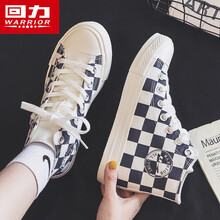 回力女鞋高帮帆布鞋女2021年春季新款韩版百搭复古棋盘格情侣帆布潮鞋子 白深蓝 43