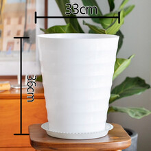 花盆塑料特大仿陶瓷加厚螺纹花盆树脂花卉植物山水花盆含托盘简约 白色特大号【口径33cm高36cm】