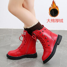 巴九灵 女童靴子皮鞋儿童加绒马丁靴女童鞋棉鞋雪地靴皮靴2020新款短靴 红色厚绒 鞋码偏小请按内长选购