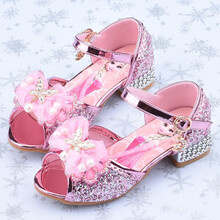 森葩女童凉鞋水晶鞋软底小女孩公主鞋冰雪奇缘爱莎儿童公主鞋高跟皮鞋宝宝鞋子表演演出鞋 粉色 26码(内长17.1cm)