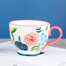 餐将军 麦片杯 美式早餐杯手绘马克杯大容量创意燕麦杯复古陶瓷杯高脚牛奶咖啡杯 美式早餐杯【繁花-白】