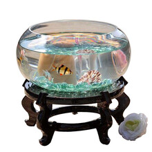 创意桌面鱼缸生态圆形玻璃金鱼缸乌龟缸迷你小型造景家用水族箱 20CM+底座+彩石+仿水草