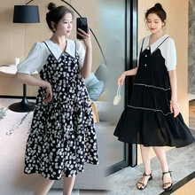 瑞彼丽 孕妇哺乳衣2021夏季时尚韩版拼接假两件气质翻领长款过膝裙潮妈产后宽松遮肚显瘦喂奶连衣裙 黑色【解扣哺乳】 L