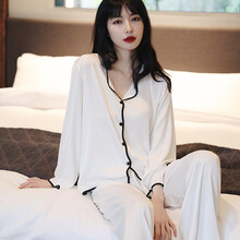 十月结晶同款 孕妇睡衣春夏季莫代尔春秋装哺乳薄款5月份产后6产妇家居7月子服 简约高端莫代尔黑边条-白色 XL码(建议体重125-145斤)