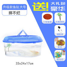塑料鱼缸透明仿玻璃小型鱼盒家用小金鱼缸手提带盖防摔桌面儿童小金鱼缸手提带盖防摔桌面儿童客厅养鱼 大号+彩石+夜光石+仿真椰树+小型鱼粮+增氧泵