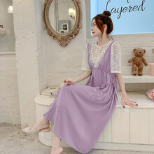 の&南极人孕妇装孕妈装2021春夏季新品装时尚气质圆领蕾丝拼接个性假两件大码孕妇连衣裙长裙潮抖音网红 紫色 M