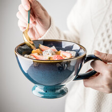 悠瓷（youcci） 冰蓝系列 高颜值大号早餐杯家用大容量陶瓷燕麦杯酸奶水果杯子 高脚杯冰蓝+墨绿金勺