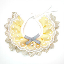 宠物配饰口水巾猫咪围嘴蕾丝珍珠吊坠狗狗项圈围脖可调节 黄色蕾丝灰蝴蝶结 XS-超小型